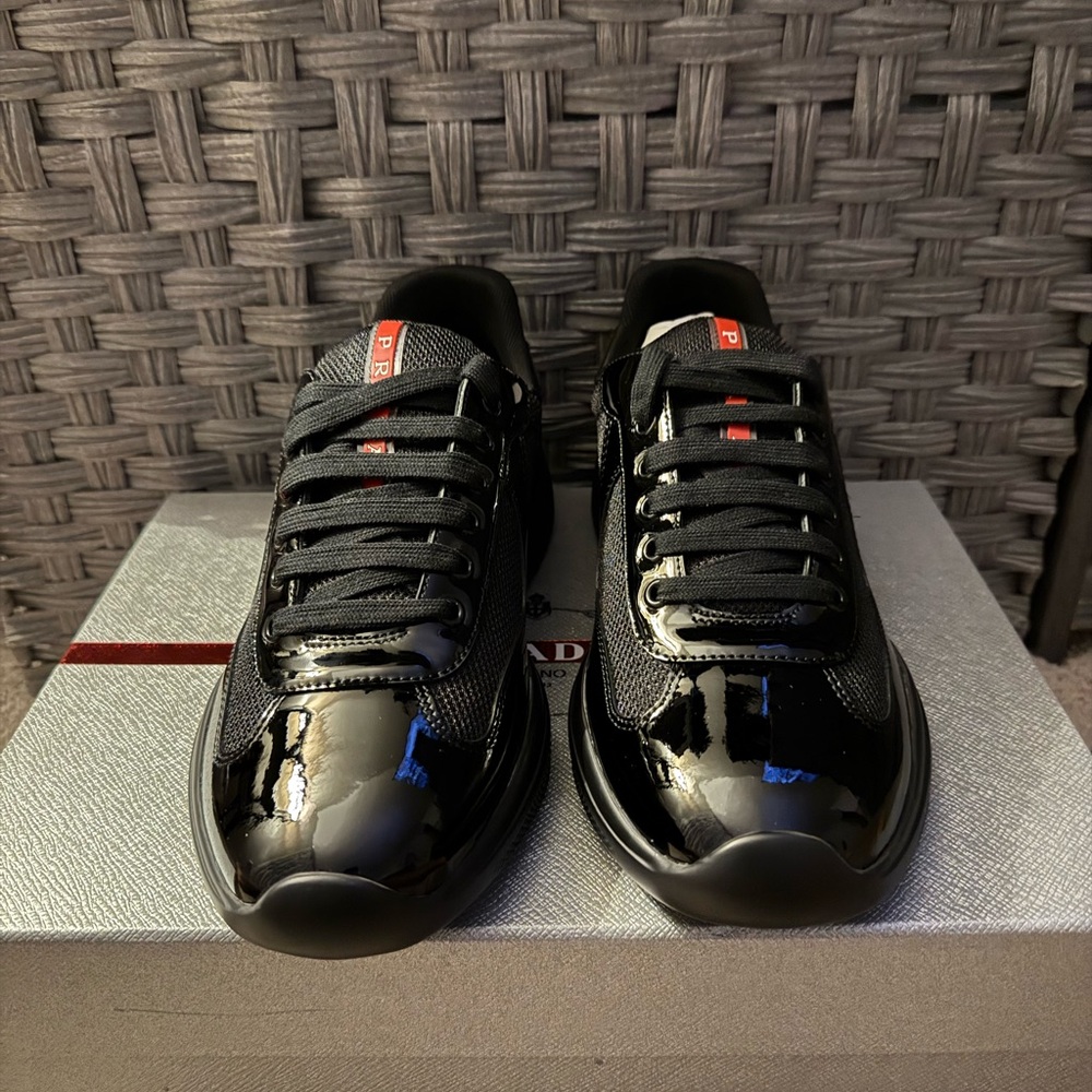 Prada Men's America's Cup Patent Leather Patchwork Sneakers (replicas)